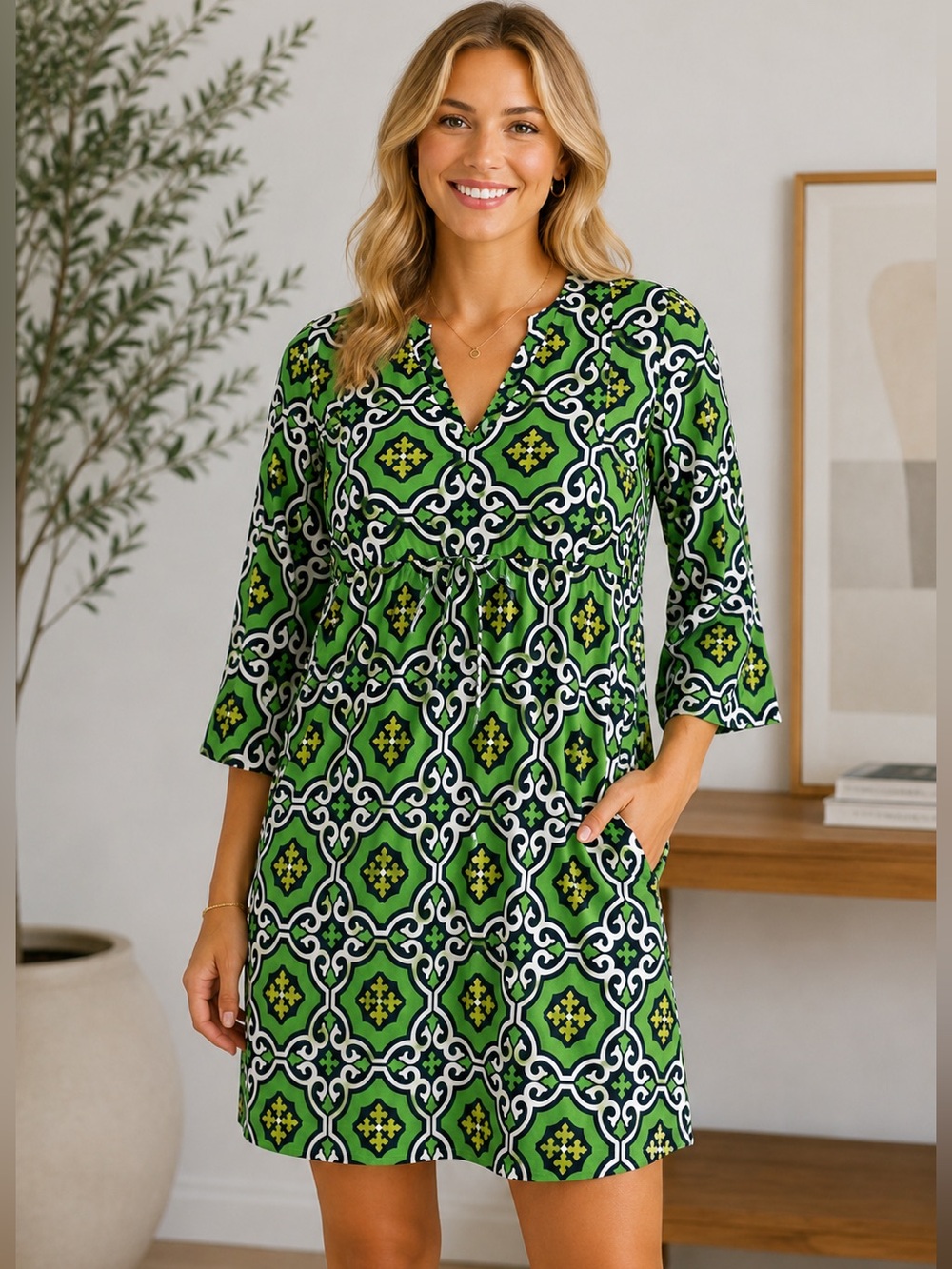 Bright Green Geometric Three Quarter-Sleeve Shift Dress by Buckhead Betties